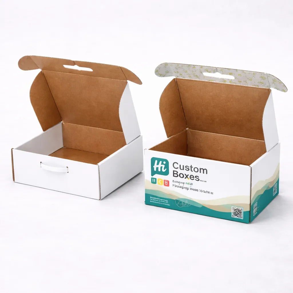 Custom printed corrugated boxes with an integrated handle, shown in both plain and fully branded styles. class=